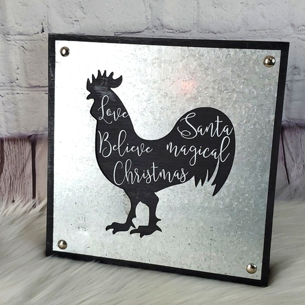 Country Christmas Galvanized Metal Chicken Rooster Xmas Farmhouse Decor 9"x9" - Picture 1 of 8